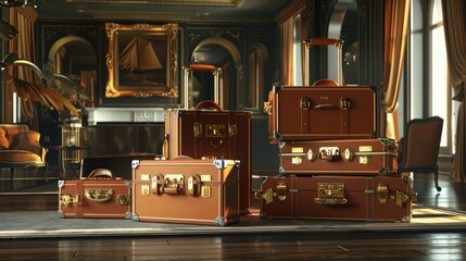 Wall Mural - A set of designer luggage, meticulously arranged against a backdrop of an upscale travel setting.