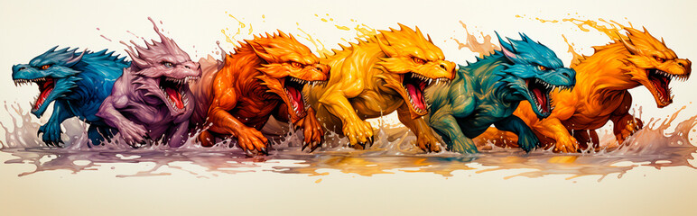 Various colorful illustrations of cartoon dragons in panoramic blur style for a unique and whimsical look. Light yellow and dark orange colors on a white background to make the dragons stand out.