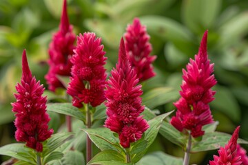 Canvas Print - Closeup view of lush, red celosia flowers thriving in a garden