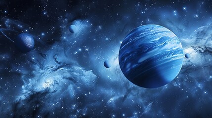 Wall Mural - Featuring a blue planet accompanied by small moons, this image portrays a celestial ensemble within a vibrant starfield, teeming with cosmic wonders and beauty.