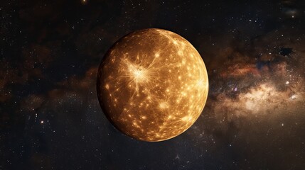 Wall Mural - A stunning golden-hued planet with intricate glowing patterns surrounded by the vastness of space, representing otherworldly beauty, mystery, and the wonders beyond Earth.