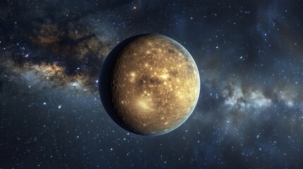 Wall Mural - A serene image of a golden-hued planet glowing gently amidst a star-studded cosmic backdrop, exuding a sense of calm and timeless beauty in space.