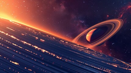 Wall Mural - A stunning view of Saturn's rings taken from an oblique angle against the cosmic backdrop, demonstrating the vastness and intricate beauty of the ring system.