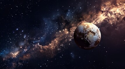 Wall Mural - A solitary planet drifting against a backdrop of myriad stars and dense cosmic dust clouds, showcasing the vastness and beauty of the universe.