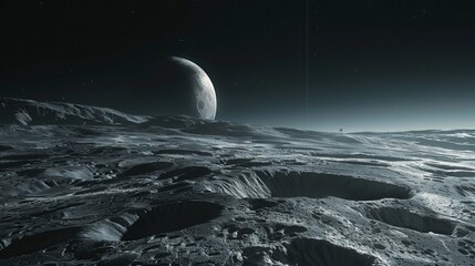 Wall Mural - A detailed view of a lunar landscape filled with numerous craters under a dark, starless sky, articulating the essence of desolation and emptiness found in outer space.