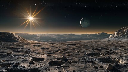 Wall Mural - A captivating sunrise on a distant moon, casting light over its cratered surface and distant landscape, capturing the essence of extraterrestrial beauty and exploration.