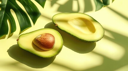 Poster - Organic avocado halves on yellow background with monstera leaf shadow