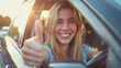© LomaPari2021 - happy female sitting in car, showing thumbs up through window, stock photo,generative ai