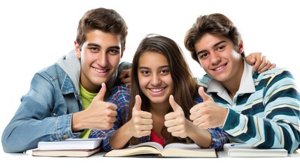 Wall Mural - Teenager giving a thumbs up while studying with friends, indicating understanding and encouragement isolated white background 