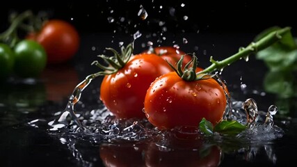 Sticker - ripe tomatoes, splashes of water on a dark background