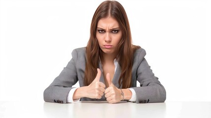 Wall Mural - Businesswoman giving a thumbs down during a strategy meeting, disagreeing with a proposed idea isolated white background