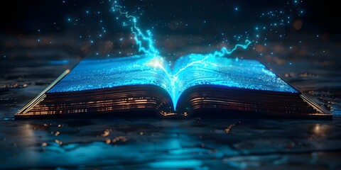 Wall Mural - Lowpolygon futuristic glowing open book on dark background. Concept Lowpoly Art, Futuristic Design, Glowing Effects, Open Book, Dark Background