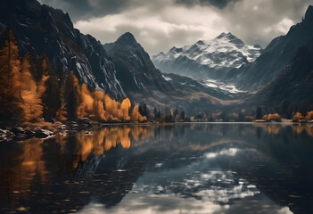 A serene mountain lake surrounded by autumn trees and snow-capped peaks, reflecting the landscape in its calm waters under a partly cloudy sky.