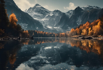  A serene mountain lake surrounded by autumn trees and snow-capped peaks, reflecting the landscape in its calm waters under a partly cloudy sky.