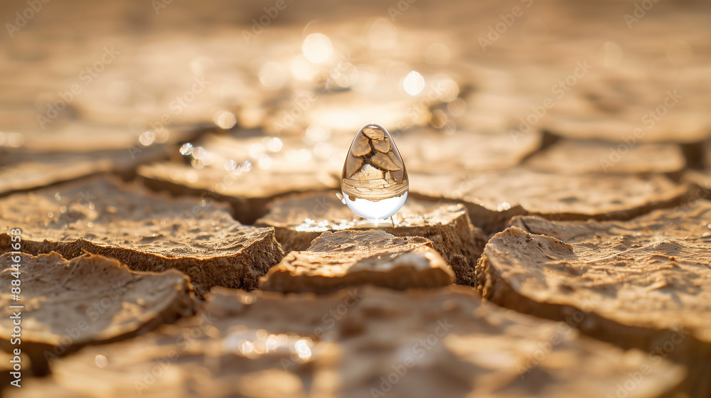 Dry cracked earth with a single water droplet symbolizing drought and ...