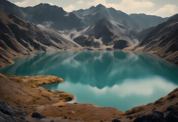 A serene mountain lake surrounded by autumn trees and snow-capped peaks, reflecting the landscape in its calm waters under a partly cloudy sky.