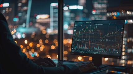 Poster - A person analyzing a financial report with various graphs and charts on a computer screen, with city lights visible outside.
