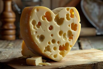 Sticker - Artisanal heartshaped swiss cheese with holes, displayed on a rustic kitchen table