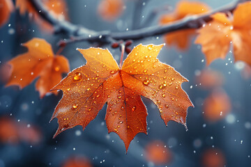 Wall Mural - An autumn maple leaf covered in dewdrops. The orange leaf contrasts with a blurred, snowy background, highlighting the beauty of the season