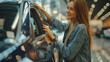 © LomaPari2021 - a happy, young, casually dressed, university woman having a close look at her car, in a car showroom.generative ai