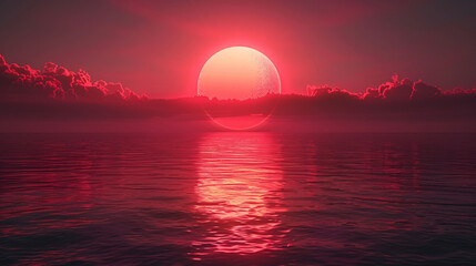 Poster - Stunning surreal sunset over calm ocean waters, the sun's vibrant red hues blending with pink clouds, creating a mesmerizing and otherworldly scene