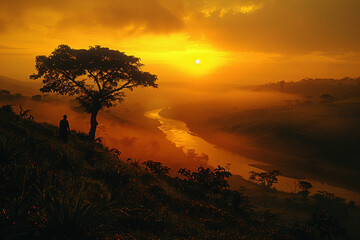 Wall Mural - Stunning African sunrise over a misty landscape, with a solitary figure and a majestic tree silhouetted against the glowing, orange sky