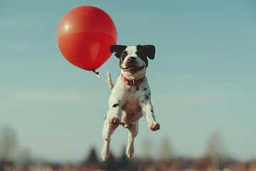 Wall Mural - A joyful spotted dog leaping with a red balloon tied to its collar, appearing to float in the clear blue sky