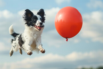 Wall Mural - A playful black and white dog with a red balloon, captured mid-jump against a background of fluffy clouds and blue sky