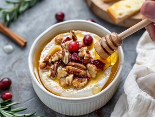 A delicious baked brie topped with honey, nuts, and cranberries in a white ramekin, perfect for a gourmet appetizer.