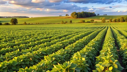 Wall Mural - Lush green field under a partly cloudy sky.