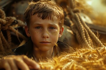 Poster - Serene portrait of a boy amidst wheat, with golden sunlight illuminating his face