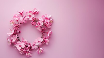 Poster - Pink floral wreath on pink backdrop flat lay with copy space