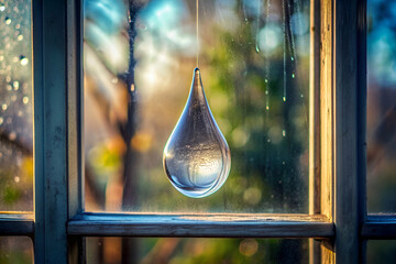 A glass droplet hanging from a window. The droplet is clear and has a shiny surface. The window is open, letting in the sunlight and creating a warm, inviting atmosphere