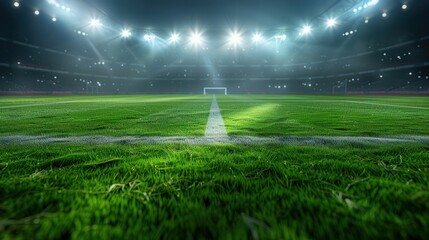 Wall Mural - green soccer field under the glow of spotlights, the background of the winners