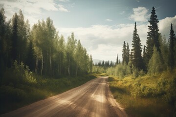 Beautiful place with green scenery, mountain, tree, sky, road, cloud.AI generated image.