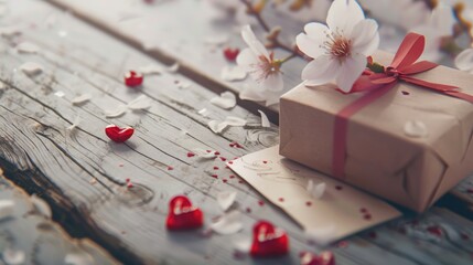 Poster - Valentine s theme with present blossom and note on a light wooden surface Enhanced focus on note