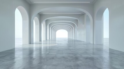 Wall Mural - A long, empty hallway with white walls and a blue sky in the background