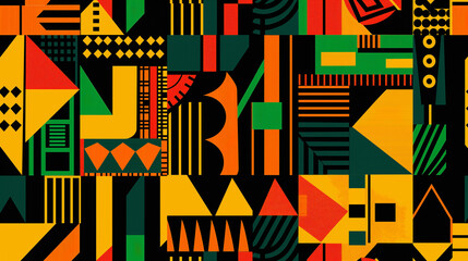 Wall Mural - A colorful collage of shapes and patterns with a black and yellow background