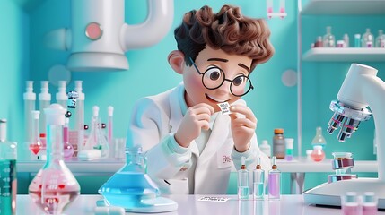 3D Scientist Character in Laboratory with Microscope and Beakers