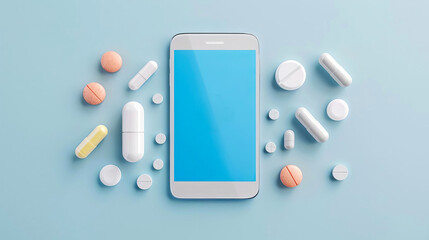 Smartphone with medical cross symbol surrounded by various pills and capsules on a light blue background, representing digital health.