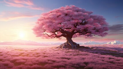 a stunning landscape featuring a majestic cherry blossom tree in full bloom, located in the middle o