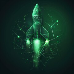 Wall Mural - green glowing light bulb rocket launch with a wireframe light connection structure. Low poly style design