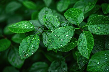 Wall Mural - Green leaves with clear water drops on them