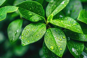 Wall Mural - Green leaves with clear water drops on them