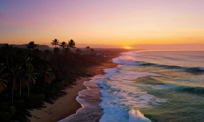 Wall Mural - Beautiful beach sunset with palm trees and waves