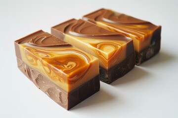 Poster - Luxurious handmade chocolate bars with caramel swirls on a clean white surface