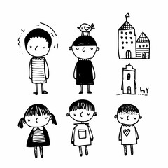 Children playing in kindergarten. Black and white illustration