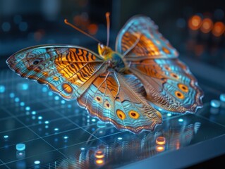 Sticker - A Stunning Butterfly on a Futuristic Surface