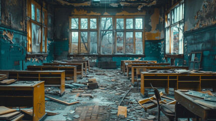 Devastated School Building with Desks and Books. A dilapidated and devastated school building with broken desks, scattered books, and debris, evoking a sense of abandonment and historical decay.