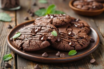 Sticker - Decadent homemade chocolate cookies with a rich drizzle on a plate, adorned with fresh mint